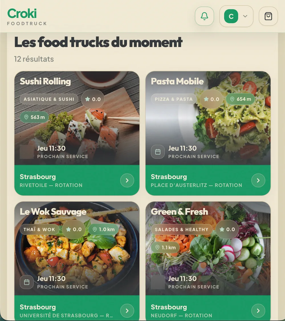 Prototype de la liste des établissements Croki avec type de cuisine, distance, prochain service et emplacement