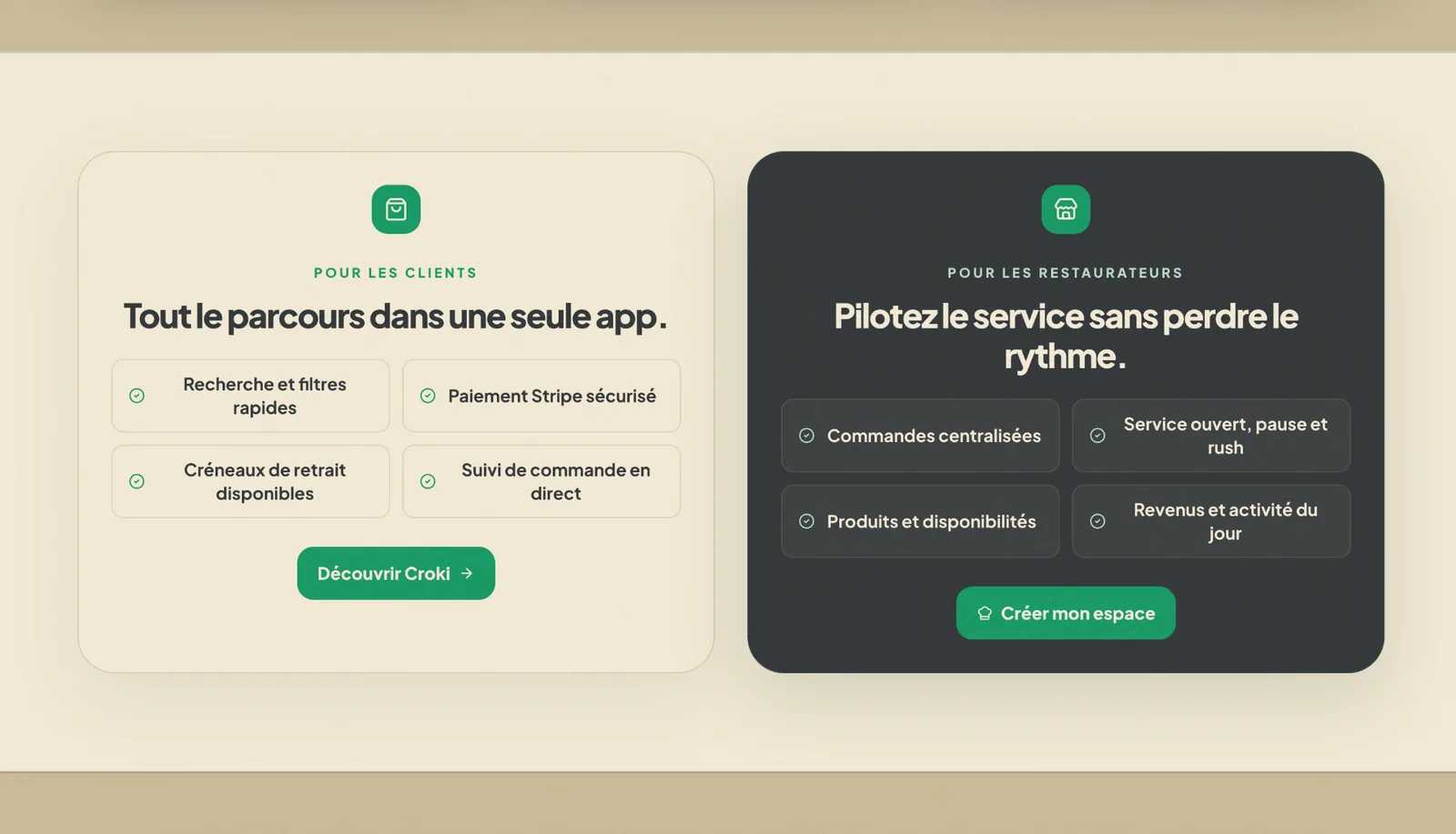 Présentation de Croki distinguant le parcours client et l’espace professionnel