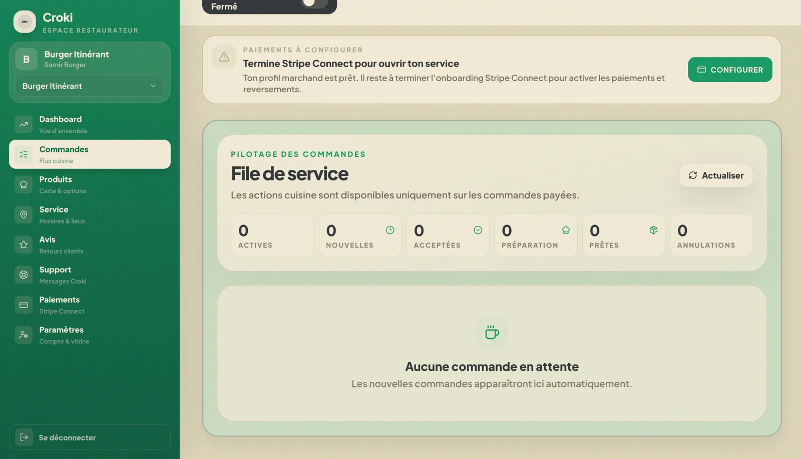 Espace professionnel Croki présentant la file de service et les commandes