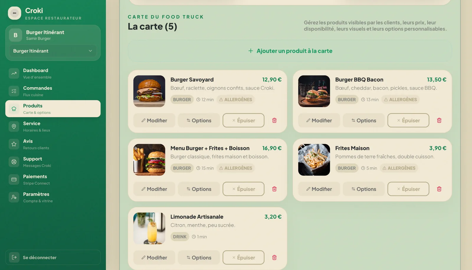 Gestion de la carte Croki avec produits, prix, options, disponibilité et allergènes