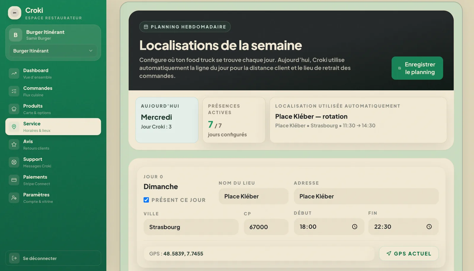 Planning hebdomadaire Croki pour configurer les jours, horaires et emplacements du food truck